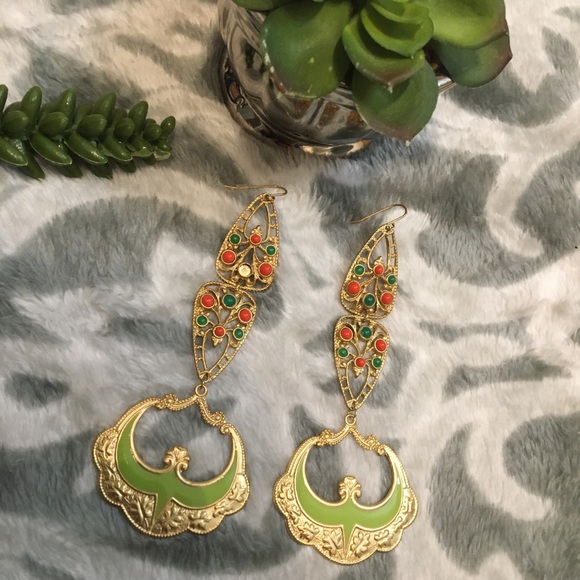 Urban Outfitters Jewelry - Urban Outfitters Green Gold Indian Long Earrings